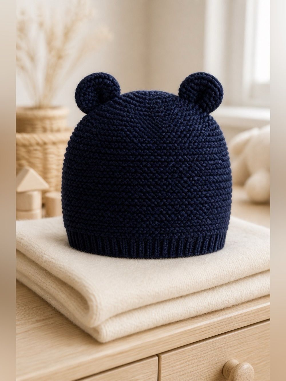 Navy Blue Knit Kids Beanie with Ears